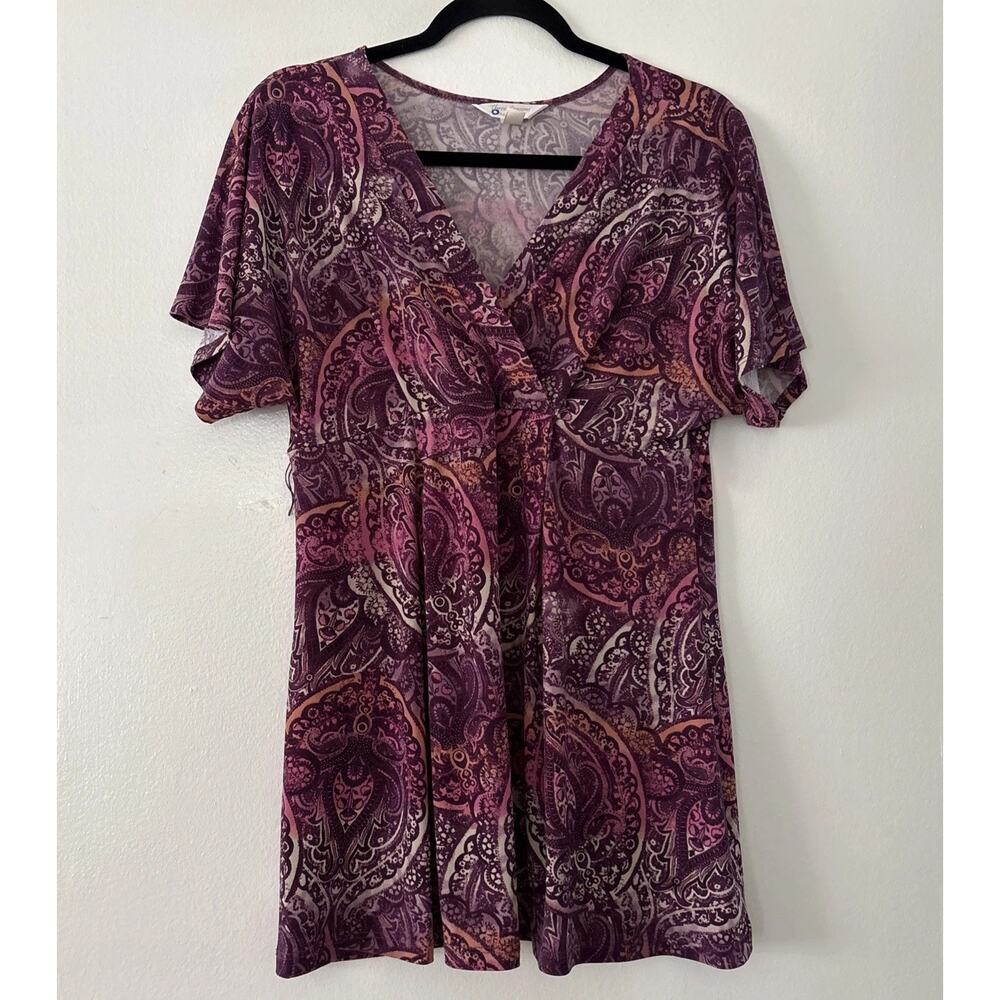 Three Seasons Maternity Top Large Short Sleeve made In USA Purple Pink Geometric